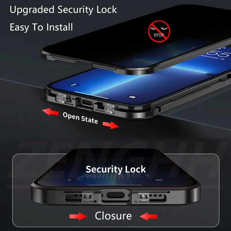 Double Glass Anti-Peep Privacy Magnetic Adsorption Case for iPhone 15/14/13/12 | Camera Lens Protection Cover
